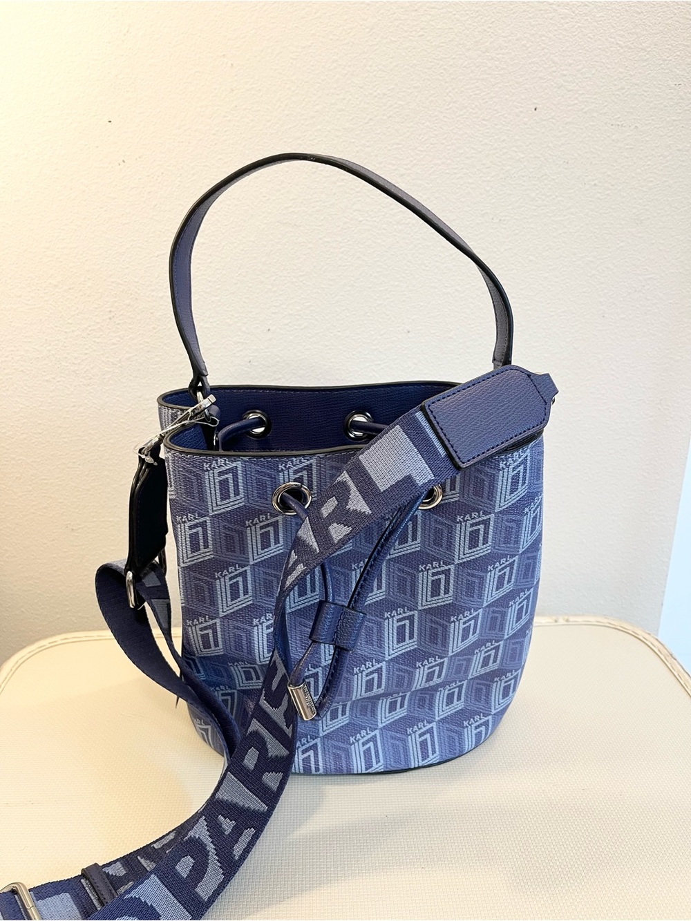 NWT Karl Lagerfeld Navy Patterned Logo Bucket Two Way Bag